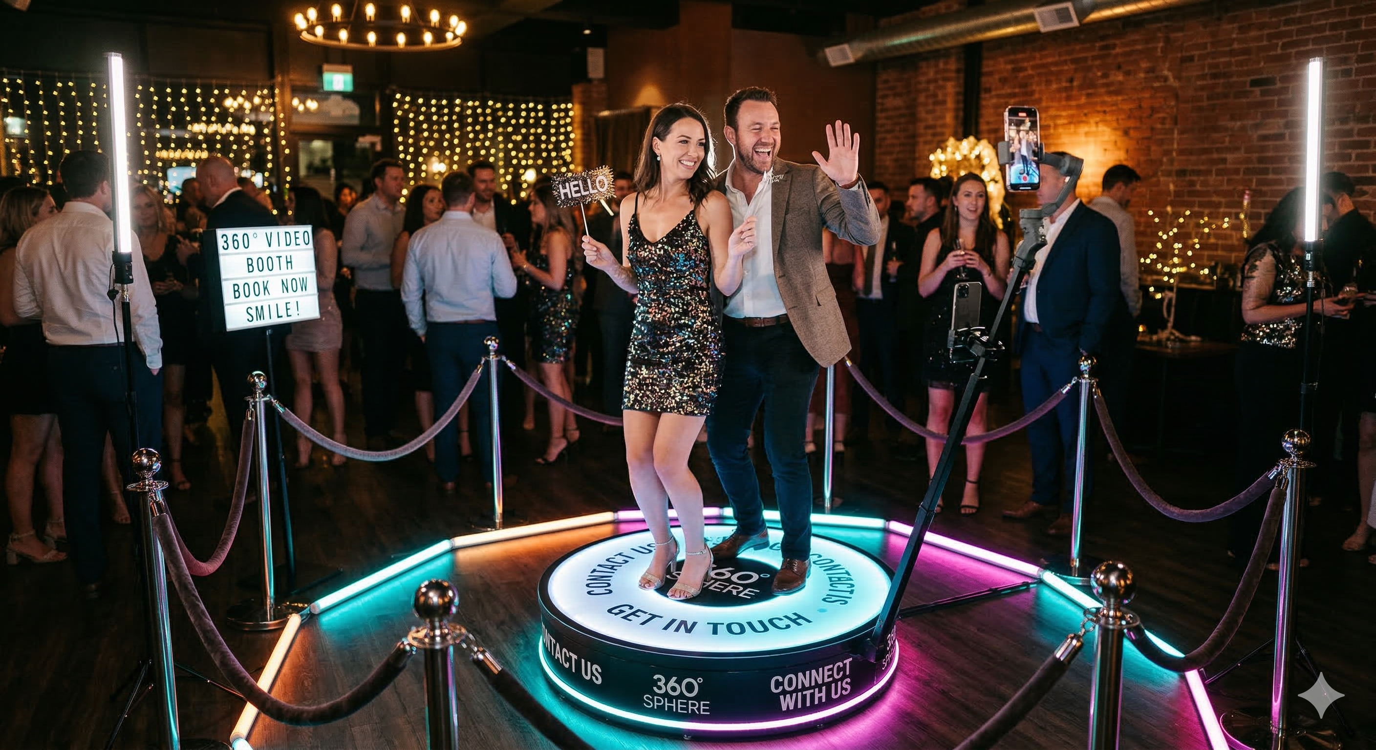 Personas divirtiéndose en un photobooth durante un evento, usando accesorios y posando para fotos.