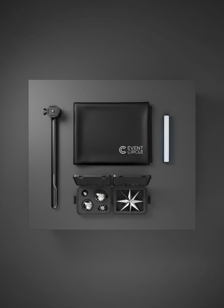 A meticulously arranged product-style scene featuring branded 360 video booth accessories for an events company: a folded black backdrop with subtle sheen, a compact LED light bar, a small case of neatly organized reflective props, and a slim rotating arm with camera mount, all laid out on a smooth charcoal-grey tabletop. Neutral softbox lighting from above creates even illumination, crisp edges, and faint, tidy shadows, emphasizing build quality and clean lines. The background fades into a gentle gradient of dark to mid-grey, keeping focus on the gear. The mood is professional and organized, ideal for showcasing service components. Shot from a top-down perspective with sharp focus across the frame, in minimalist, photographic realism.