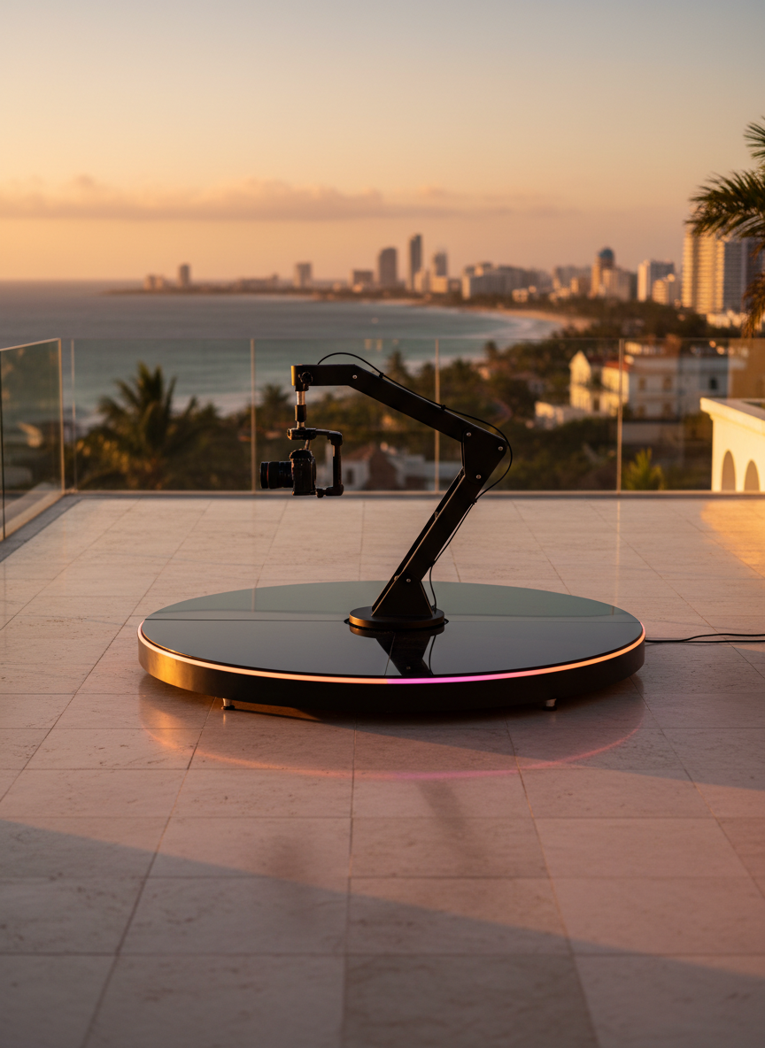 A polished 360 video booth platform situated on a rooftop terrace overlooking a distant Caribbean coastline, with recognizable hints of a coastal Colombian city skyline subtly blurred in the background. The circular platform has a reflective dark surface, integrated RGB LED ring around its edge, and a sturdy black camera arm poised over the center. Warm golden hour sunlight bathes the scene, catching soft glints on the metal components and casting elongated, gentle shadows across smooth stone tiles. The mood is sophisticated yet festive, suggesting exclusive private events. Captured from a low, cinematic angle that emphasizes the equipment’s presence against the glowing horizon, in vibrant, realistic photography with rich yet controlled colors.