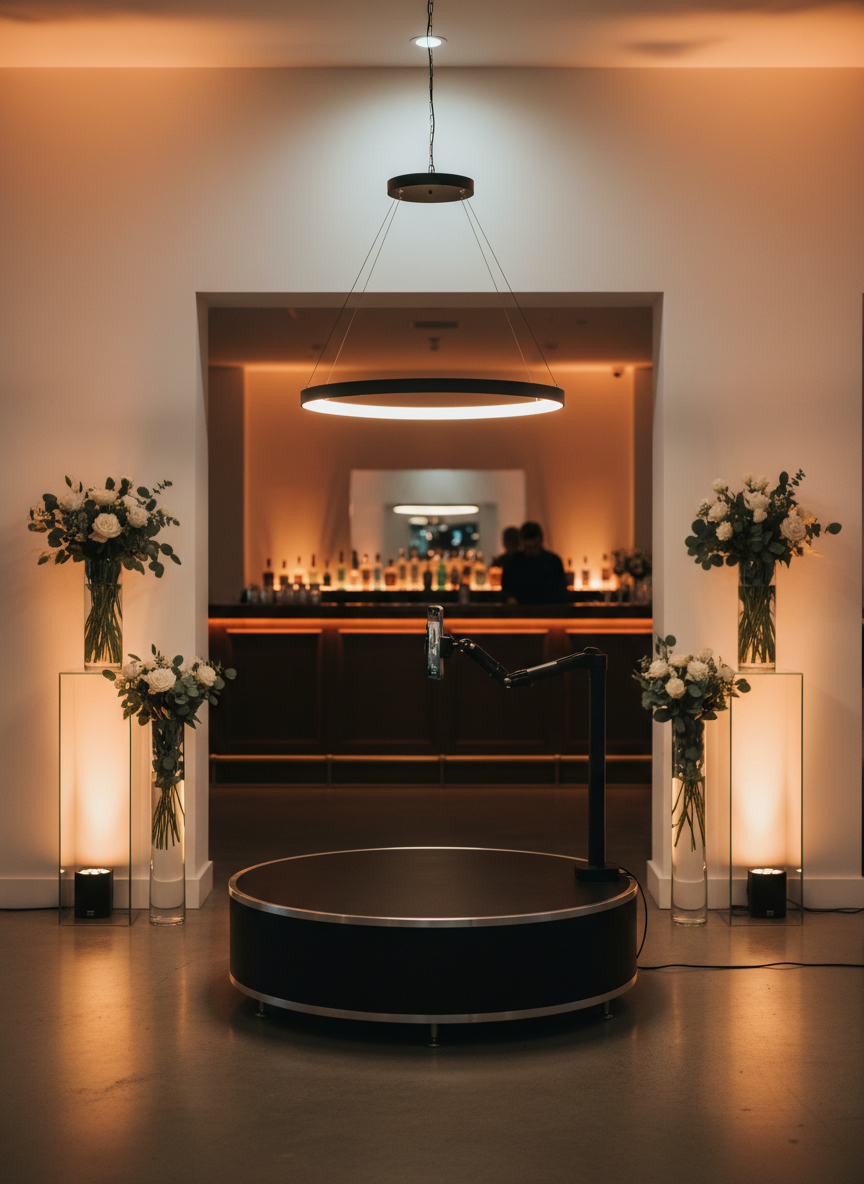 A luxurious indoor event environment prepared for a 360 video booth experience, with the booth itself at the center: a circular black platform with a subtle metallic rim, paired with a slim overhead ring light and an elegant camera arm. Around it, tastefully arranged decor elements such as tall glass vases, modern uplighting fixtures washing soft amber tones on white walls, and a distant, out-of-focus bar counter hint at a premium celebration. Gentle, warm ambient lighting combines with a discreet spotlight on the booth, creating a focal glow and soft floor reflections. The atmosphere is vibrant yet refined, suggesting high-end private parties. Framed using the rule of thirds at eye level, with moderate depth of field, in clean, realistic photography.