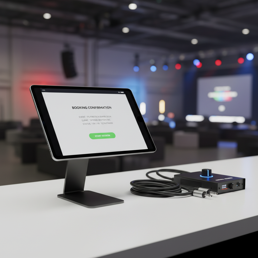A close-up, detailed view of a professional 360 video booth control station, showing a high-end tablet on a slim black stand displaying a clean user interface with booking confirmation and event details. The tablet rests on a minimalist white counter beside neatly coiled cables and a compact LED lighting controller. The scene is set against a softly blurred backdrop of an indoor event space hinted at by muted colored lights. Soft studio lighting illuminates the glossy screen and brushed metal finishes, creating gentle highlights without glare. The mood is efficient and trustworthy, emphasizing advanced technology. Framed at eye level with a shallow depth of field, rendered in crisp photographic realism with a modern, professional aesthetic.