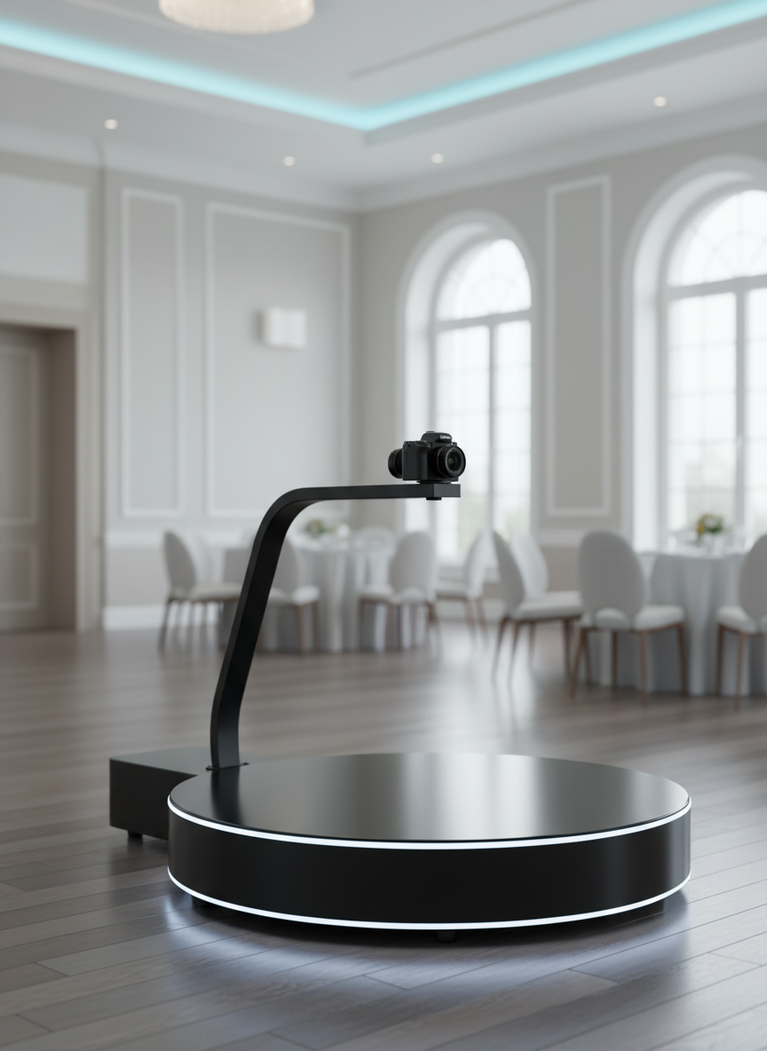 A sleek, modern 360 video booth setup as the central focus, featuring a glossy black circular platform with subtle LED accents and a professional camera arm extending smoothly from a low-profile base. The booth stands in the middle of an elegant event hall with polished wooden floors and neutral walls, softly blurred in the background. Cool white overhead lighting creates crisp reflections on the platform’s surface, highlighting its premium build. The atmosphere feels professional and high-end, emphasizing reliability and quality. Captured at a slightly elevated angle with sharp focus on the booth and a gentle bokeh effect behind, in clean photographic realism suitable for a business website hero image.