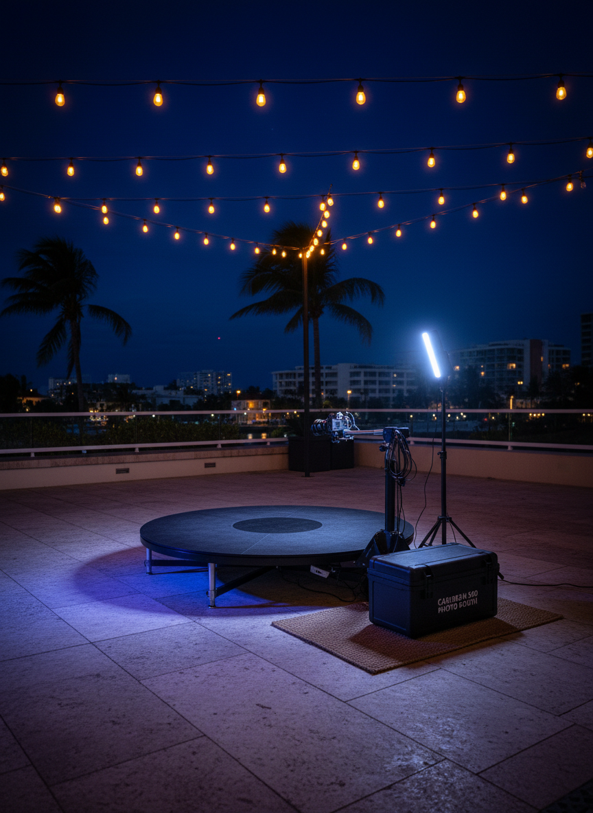 A night-time outdoor patio in a Caribbean coastal city set up for a 360 video booth rental, featuring a weather-resistant circular platform with subtle textured grip surface and a matte black finish, accompanied by a slim camera arm and compact LED light tower. Discreet cable management and a small, branded equipment case sit neatly nearby. Soft, colorful LED accent lights wash the surrounding stone floor in blues and purples, while warm string lights overhead add a cozy glow. The sky is deep indigo, with distant city buildings softly blurred. The mood is dynamic and celebratory yet professional. Captured from a three-quarter angle with moderate depth of field, in vibrant, high-contrast photographic realism.